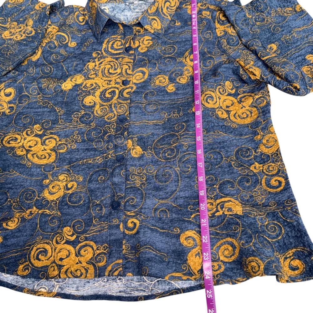 Habitat Woodblock Flounce Shirt Blue Swirl Print Button Down L Lagenlook Artsy - Picture 8 of 9
